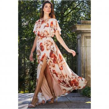 Goddiva Wrap Back Flutter Sleeve Maxi Dress - Beige - Size 12 UK