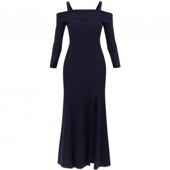 Ganni Long Knitted Off-the-Shoulder Dress - Size XS - Blue - Stretch Fabric - Female