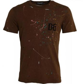 Brown Cotton Crew Neck T-Shirt with Color Splashes - Size M