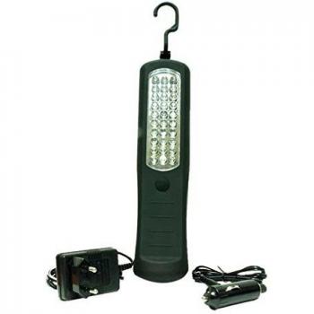 SALKI Lampara de Trabajo 30 LEDS - Linterna Para Trabajo con Imanes Portatil, Incluye Gancho Para Colgar, 4 Horas de Batería, Cargador 12V para Coche y 230V AC, Luz Potente