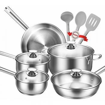 TIBEK Batería de Cocina, Juego de Ollas 12 Piezas Premium Acero Inoxidable Pulido Apta para inducción, con Tapa de Vidrio Templado, Sin BPA/PFOA, Apta para Todo Tipo de Cocinas