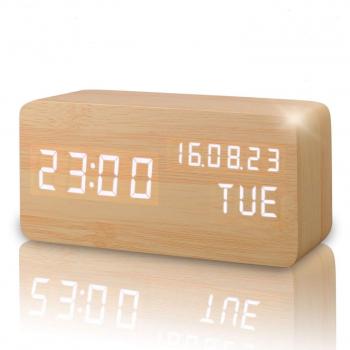 Reloj Digital Despertador Madera de Haya con Control de Sonido y LED Brillo de la Pantalla