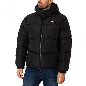 Tommy Jeans Men's Alaska Puffer Jacket with Hood, Black, Regular Fit, Size 2XL