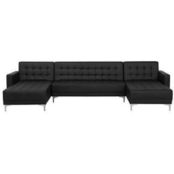 Sofá Modular en Forma de U 5 Plazas de Piel Sintética Negra con Chaise Longue Aberdeen