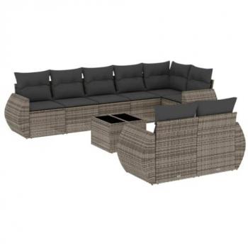 9-Piece Grey Poly Rattan Garden Sofa Set with Cushions