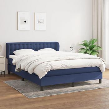 Cama Box Spring con Colchón Tapizado de Tela Azul 140x200 cm, Muelles Ensacados, Acolchado Reversible