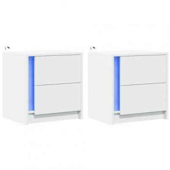 Mesitas de Noche con Luces LED 2 uds Madera Ingeniería Blanca
