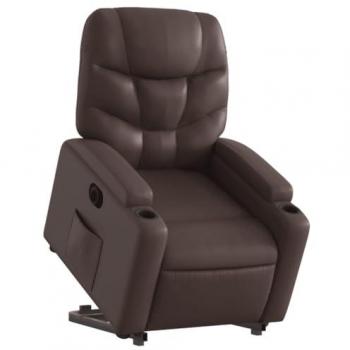 Sillón Reclinable Elevable Eléctrico de Cuero Sintético Marrón con Respaldo y Reposabrazos, Asiento Ajustable para Relax y Descanso
