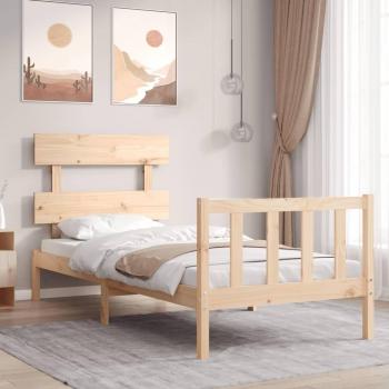 Cama individual de madera maciza con cabecero, color marrón, diseño redondo y estructura pequeña