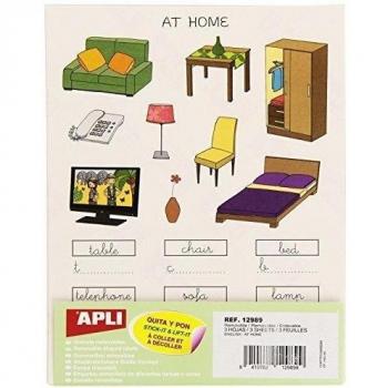 Apli 12989 - Bolsa con gomets en inglés, objetos de la casa, 3 hojas removibles