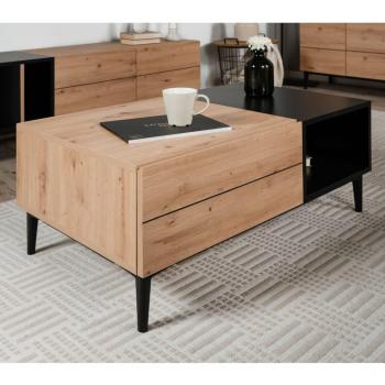 Mesa de centro Nola 55A color roble artesanal y negro con 1 cajón, 100 cm de largo, acabado madera clara y negro