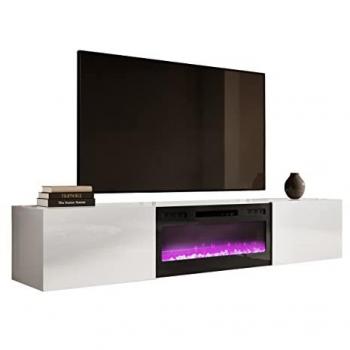 Mesa de TV Charlotte 162, 200x37x40cm, Blanco y Blanco Brillante, con 2 Puertas y Chimenea Eléctrica LED Realista