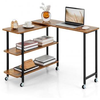 Rotatable 55-Inch Brown MDF End Table with Wheels and Shelves