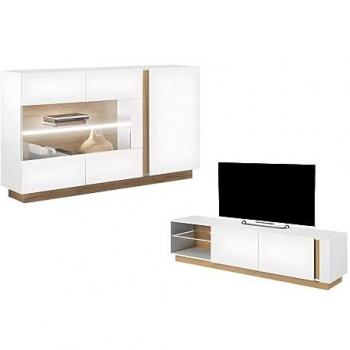 Conjunto aparador y mueble TV blanco brillante y natural - Comedor luminoso MURARI