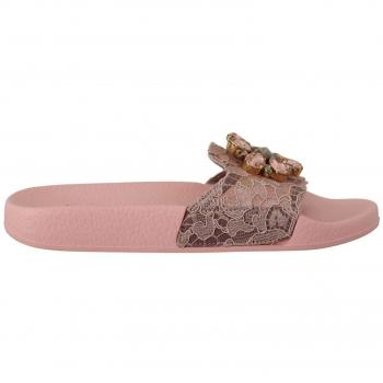 Dolce & Gabbana Pink Lace Crystal Sandals Slides Beach Shoes EU36/US5.5