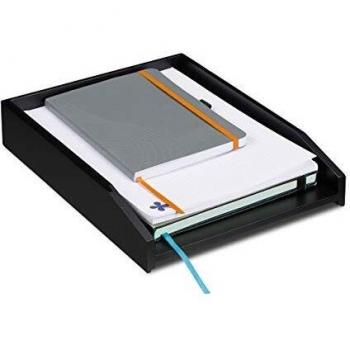 Bandeja apilable para documentos DIN A4, organizador de escritorio en bambú negro, 6 x 25 x 33 cm - Relaxdays