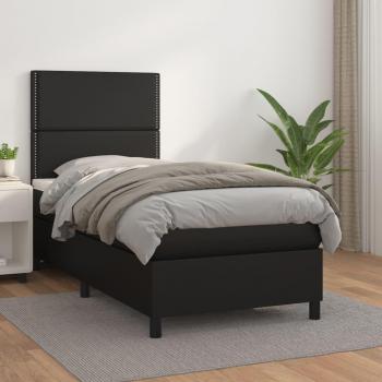 Cama box spring con colchón de muelles en cuero sintético negro 100x200 cm
