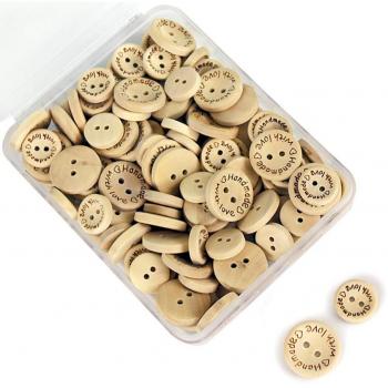 SUNTATOP 150 Piezas hecho a mano con botón Botones Manualidades Madera Redondos para Costura Scrapbooking DIY 'Handmade with Love' diametro 15mm/20mm