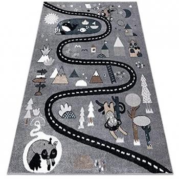 Alfombra Fun Route para Niños, Calle y Animales en Tonos Grises, 280x370 cm