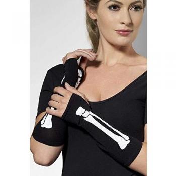 Smiffy's-25327 Guantes, sin dedos con estampado de esqueleto, color negro, Tamaño único