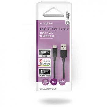 Cable USB 3.2 Gen 1 | USB-A Macho a USB-C Macho | 5 Gbps | Carga de 60 W | 2.00 m | Niquelado | Negro