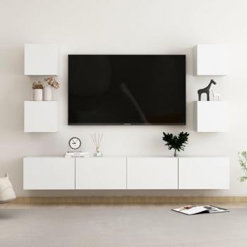 Set de muebles de salón TV 6 piezas madera de ingeniería blanco, dimensiones 100 x 30 x 30 cm, incluye mueble para TV, mesa de TV y otros elementos decorativos