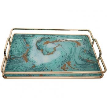 Bandeja Romimex de vidrio con asas de metal, color blanco y dorado, dimensiones 38 x 6 x 26 cm