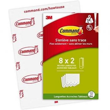 Command Tiras Adhesivas para Colgar Cuadros Pequeños, Pack de 8 x 2 Tiras Blancas Pequeñas, Para Marcos de hasta 20 x 25 cm, Colgar Sin Agujeros y Sin Taladrar