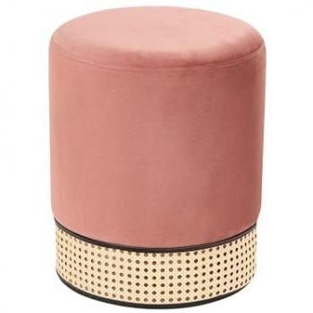 Puf Glamour Rosa Tapizado en Terciopelo con Tejido de Ratán, Anillo Sólido, 35 cm