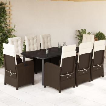 9-Piece Brown Poly Rattan Garden Dining Set with Cushions
