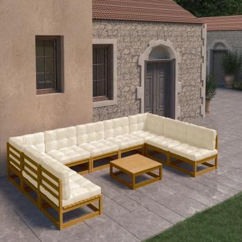 Set de muebles de jardín 10 piezas con cojines en color marrón miel, fabricado en madera de pino