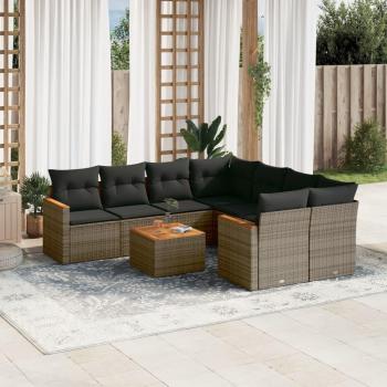 Set de muebles de jardín 9 pzas con cojines de ratán sintético gris