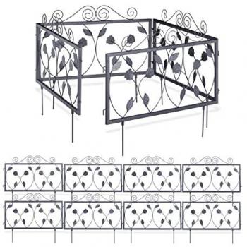 Vallas Jardín Metálicas Vintage, Set de 12 Paneles con Hojas, Clavables en Suelo, 34,5x56,5 cm, Color Negro