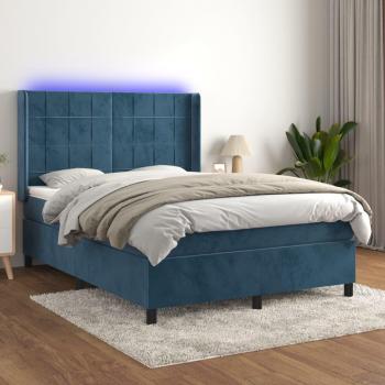 Cama box spring con colchón y LED de terciopelo azul oscuro 140x200 cm