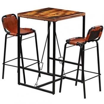 vidaXL Set Muebles Bar 3 Piezas Madera Reciclada Cuero Mesa Mesilla Taburete