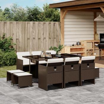 11-Piece Brown Poly Rattan Garden Dining Set with Cushions