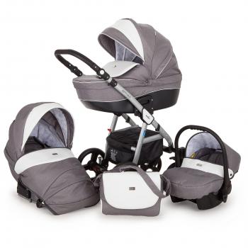Lux4kids Cochecito 3 in 1 Trio Silla de paseo + capazo + silla para coche + ruedas giratorias de goma dura + colchón VIP Hecho en Europa Ebur gris-blanco 04