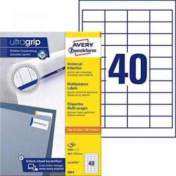 Etiquetas Universales AVERY Zweckform 3657, 48,5 x 25,4 mm, Autoadhesivas con QuickPeel, Paquete de 4000 Etiquetas en 100 Hojas