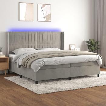 Cama box spring con colchón de muelles y LED en terciopelo gris claro 200x200 cm