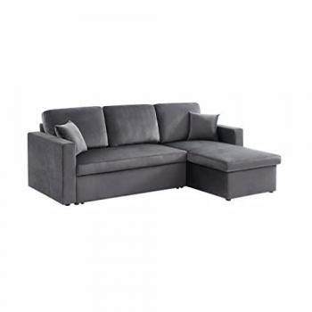 Sofá cama esquinero reversible de 3 plazas en terciopelo gris oscuro con almacenamiento, 219x147x68 cm