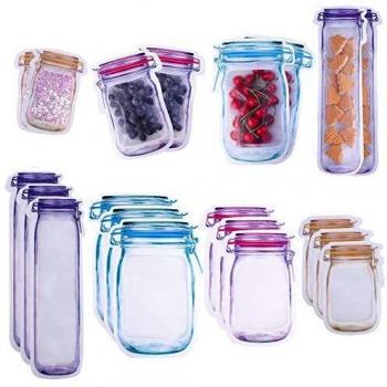 SUNSK Bolsa de Botella Mason Reutilizable Plástico Bolsa de Almacenamiento de Alimentos Bolsas Selladas para Galletas Caramelo Snacks 20 Piezas