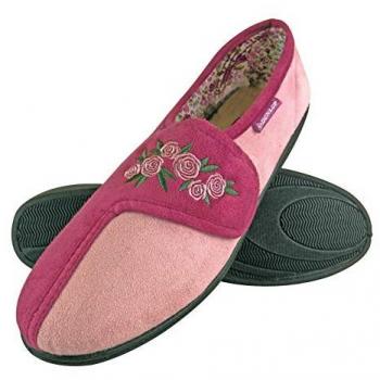 Dunlop Women's Adjustable Wide Fit Memory Foam Floral Velcro Slippers for Elderly Women - Pink Size 4 (UK)