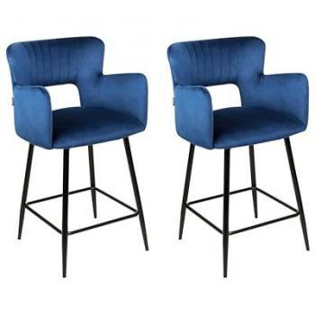 Conjunto de 2 sillas de bar modernas Sanilac con asiento de terciopelo azul marino, reposabrazos y respaldo acolchado