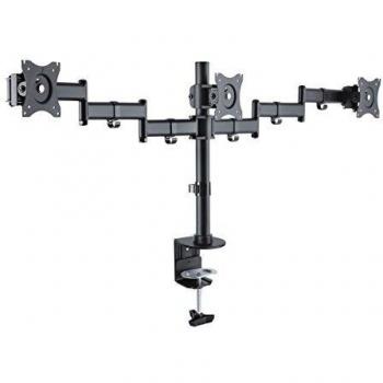 Soporte de escritorio para 3 monitores, ajustable en altura, inclinación (-45° a 45°), rotación (360°) y giro (180°), VESA 100x100mm, capacidad máxima de carga