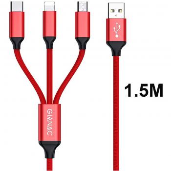 GIANAC Cable Multiple, 3 en 1/1.5M Cable USB Tipo C Carga+Cable Micro USB Carga Cable de Nylon Trenzado para Nexus 6P 5X/ Google Pixel/Samsung Galaxy, Huawei, Xiaomi, Sony