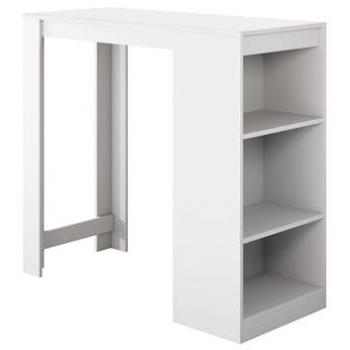 Mesa alta de bar Modelo Kyra, color blanco y sonoma, dimensiones 110x103x50 cm, patas de metal con estantes