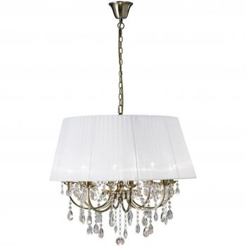 Lámpara colgante Olivia con pantalla blanca, 8 bombillas, latón antiguo y cristal