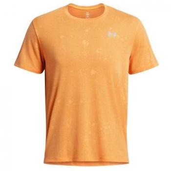 Camiseta de running Under Armour Launch Splatter Hombre Naranja Oscuro, ligera, transpirable, tecnología Moisture Transport System que absorbe el sudor, diseño de manga corta, ajuste cómodo y favorecedor