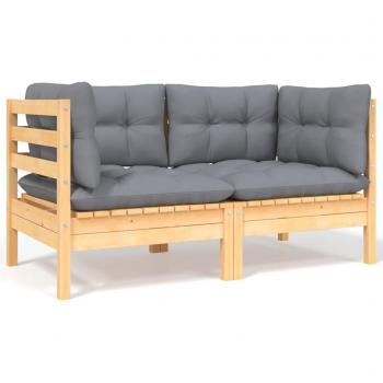 2-Seater Garden Sofa with Grey Cushions Solid Pine Wood