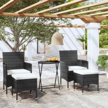 5-Piece Black Poly Rattan Garden Bistro Set with Tempered Glass